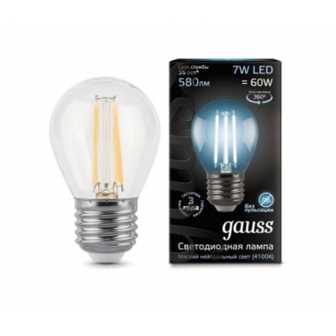 Лампа Gauss LED Filament Шар прозр. E27 7W 580lm 4100К 1/10/50 (105802207)