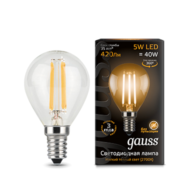 Лампа Gauss LED Filament Шар прозр. E14 5W 420lm 2700К 1/10/50 (105801105)