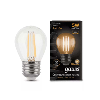 Лампа Gauss LED Filament Шар прозр. E27 5W 420lm 2700К 1/10/50 (105802105)