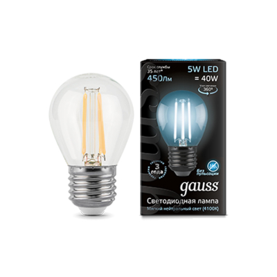 Лампа Gauss LED Filament Шар прозр. E27 5W 450lm 4100К 1/10/50 (105802205)