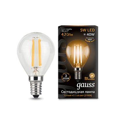 Лампа Gauss LED Filament Шар прозр. E14 5W 420lm 2700К 1/10/50 (105801105)