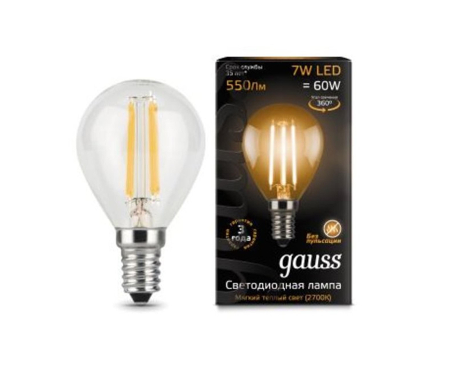 Лампа Gauss LED Filament Шар прозр. E14 7W 550lm 2700К 1/10/50 (105801107)