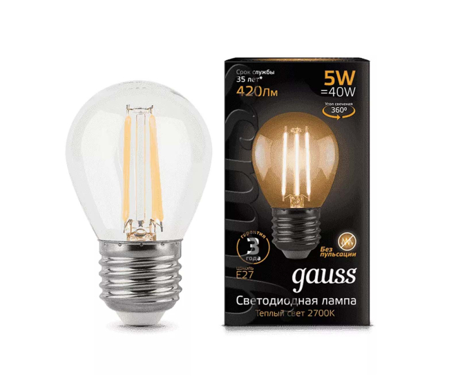 Лампа Gauss LED Filament Шар прозр. E27 5W 420lm 2700К 1/10/50 (105802105)