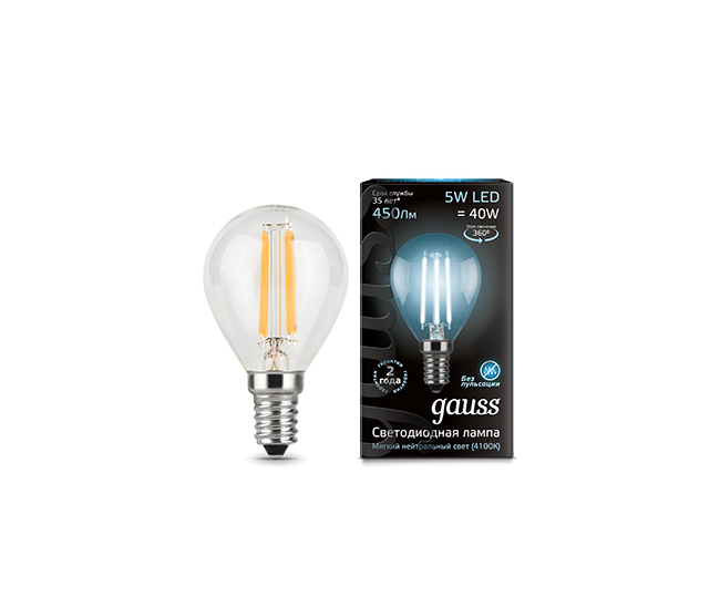 Лампа Gauss LED Filament Шар прозр. E14 5W 450lm 4100К 1/10/50 (105801205)