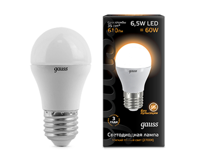 Лампа Gauss LED Шар матовый E27 6.5W 520lm 3000K 1/10/50 (105102107)