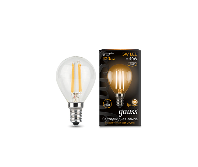 Лампа Gauss LED Filament Шар прозр. E14 5W 420lm 2700К 1/10/50 (105801105)